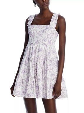 White Lavender Floral Ruffle Strap Tiered Mini Dress – Size L Aqua